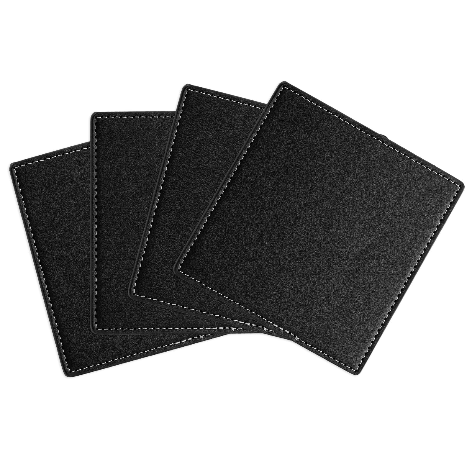 uxcell Square Drink Coasters Set of 4 White Stitched Dual Sided Non-Slip Non-Stick Waterproof Leather Coasters for Drinks, Coffee Table, Housewarming Gifts, Home Decor 4"×4"Black