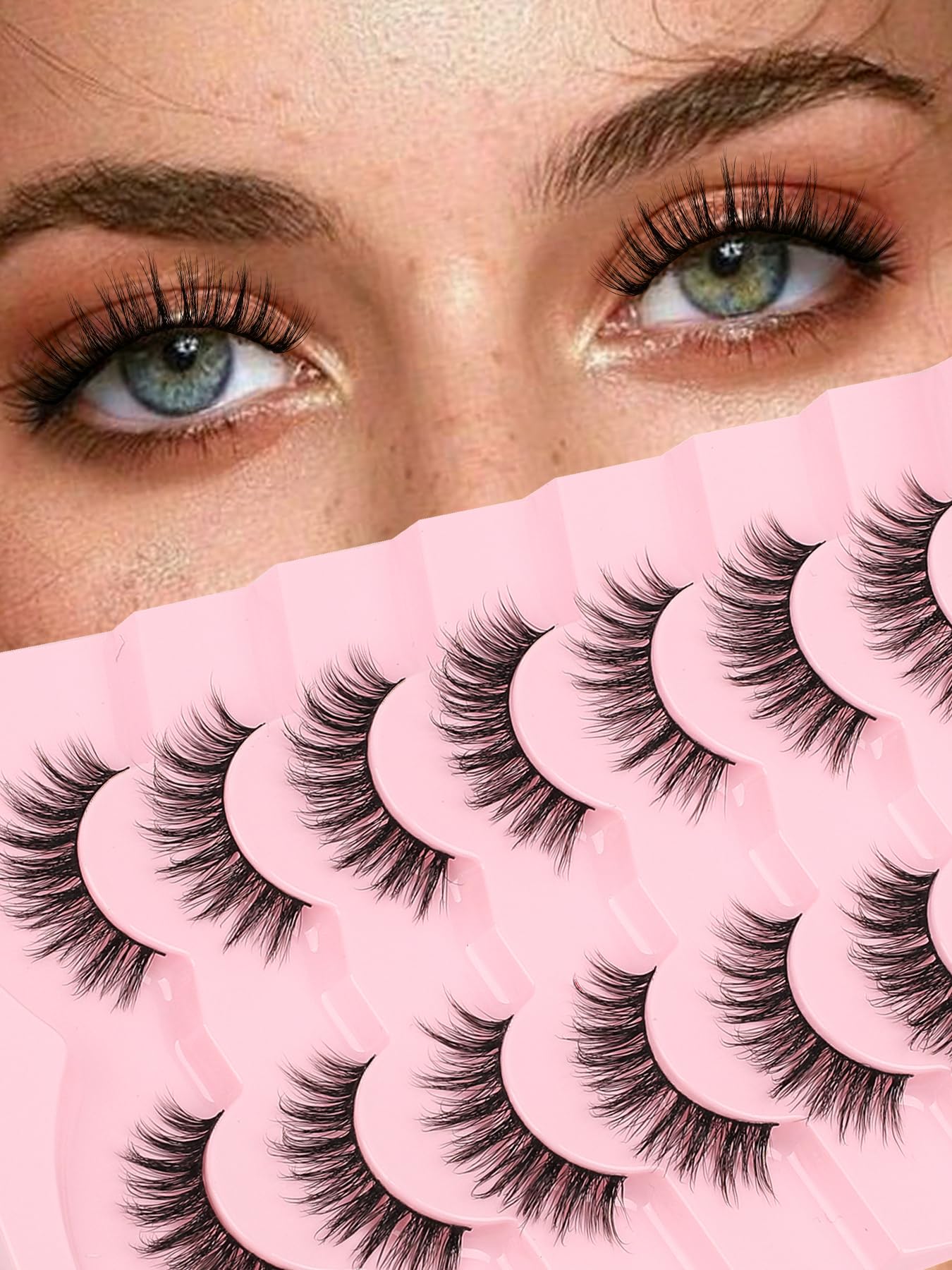 Photo 1 of False Lashes Wispy Eyelashes Natural Look 15MM Fake Eyelashes 0.1MM Thin Band Strip Lashes Lightweight False Eyelash 3D Volume Fluffy Eye Lash C Curl Soft Siligli 7 Pair