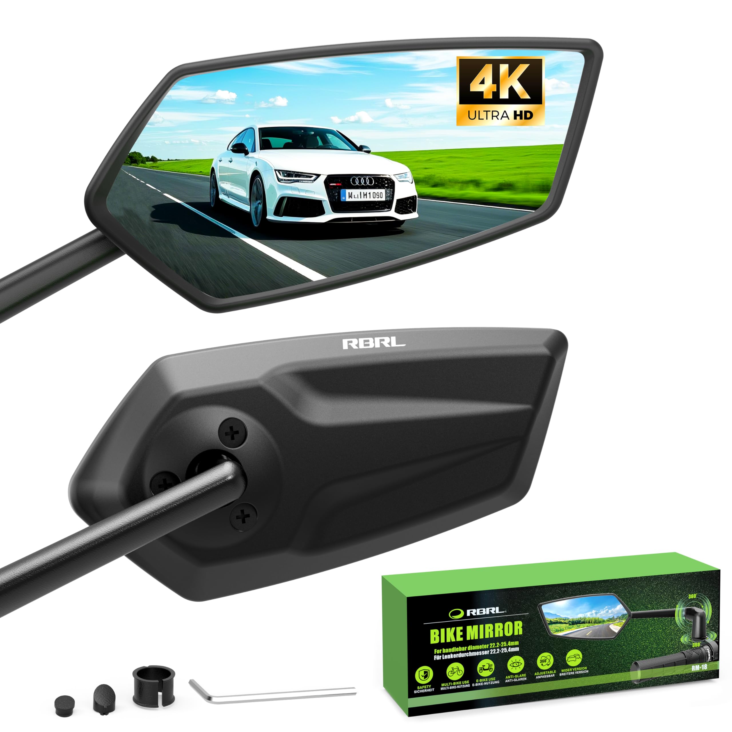 Photo 1 of RBRL Bike Mirror, 3D Adjustable Arm for Extended Reach, Aluminum Alloy Anti-shake Bicycle Rearview Mirrors, 360° Panoramic Rearview, Wide Angle Shatterproof & Foldable E-bike Mirror(a set)