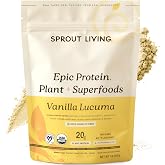 Sprout Living Epic Protein, Plant Based Protein &amp; Superfoods Powder, Vanilla Lucuma Powder | 20 Grams Organic Protein Powder, Vegan, Non Dairy, Non-GMO, Gluten Free, Low Sugar (1 Pound, 12 Servings)