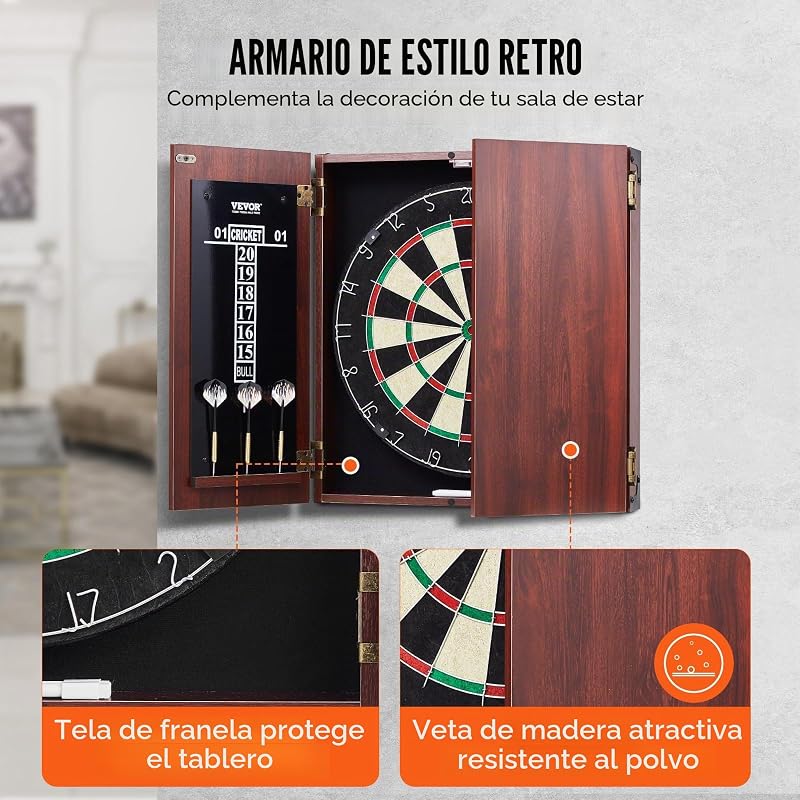 Juego de Tablero de Dardos y Gabinete Oculto de Tamaño Oficial, Paquete Listo para Jugar, con Punta de Acero, Fácil Montaje, con Todos los Accesorios, Juegos Cricket, 45 x 3,8 cm