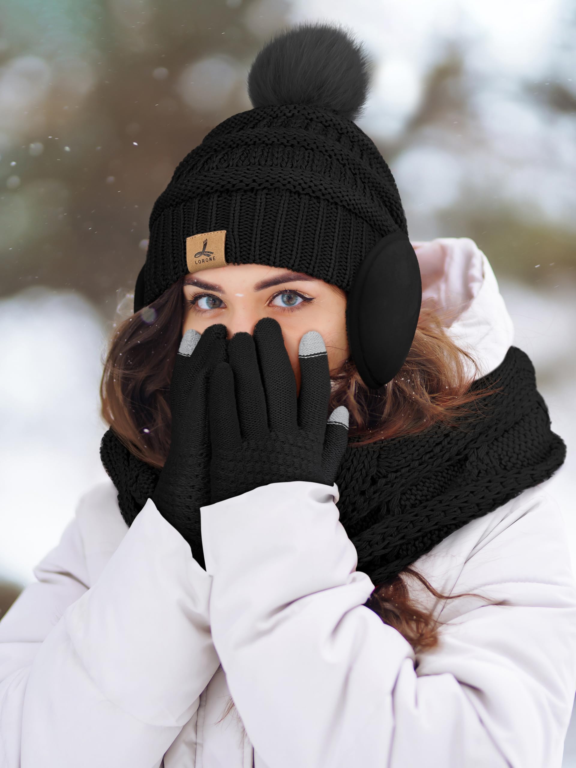 Winter Hat Scarf Gloves and Ear Warmer, Warm Knit Beanie Hat Touch Screen Gloves Set Winter Gifts Neck Scarves for Women