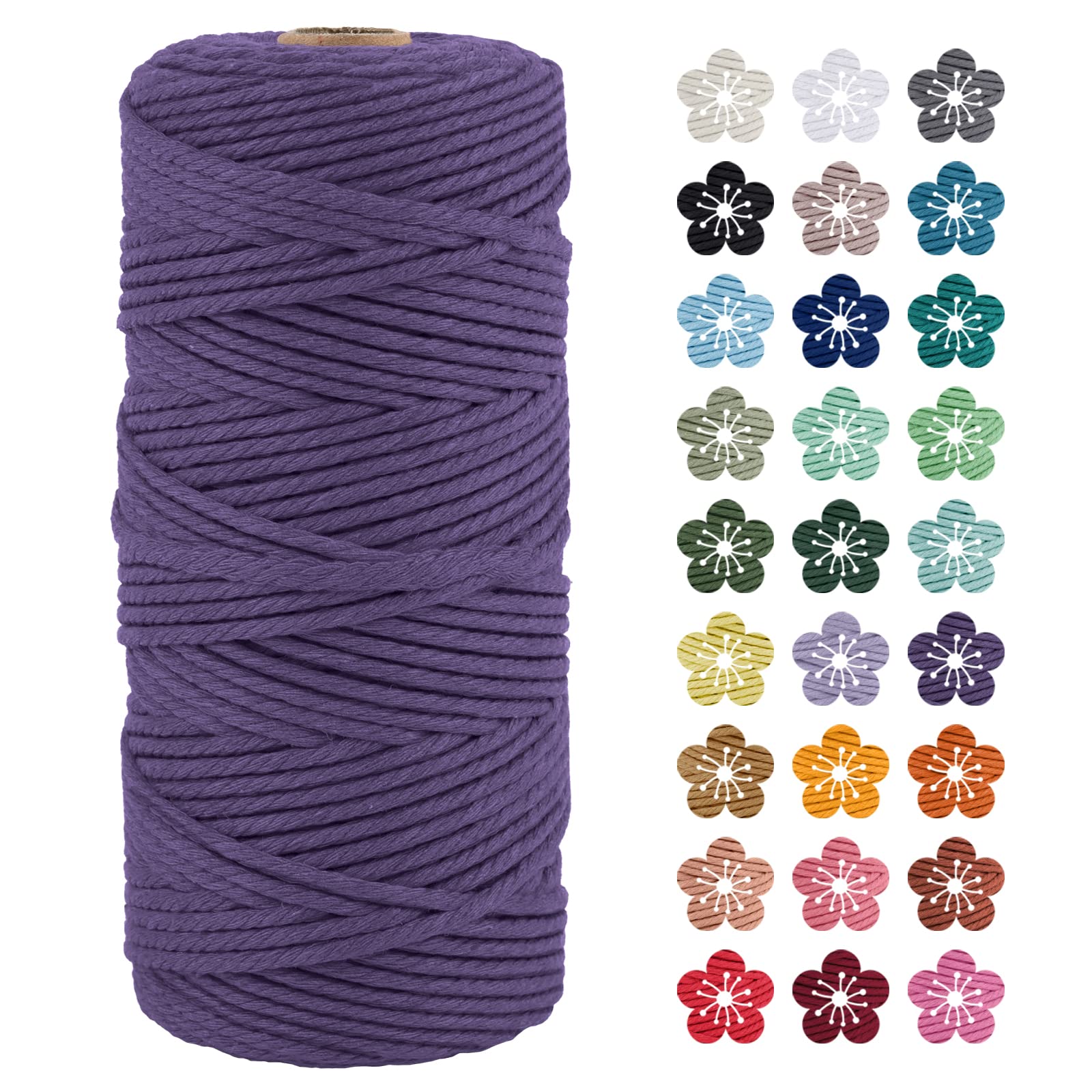 LEREATI Macrame Cord 3mm x 100m, Thick Macrame Rope Natural Cotton Rope Craft String, 4 Strand Twisted Cotton Cord Yarn for DIY Plant Hanger, Wall Hanging, Christmas Decoration (Deep purple)