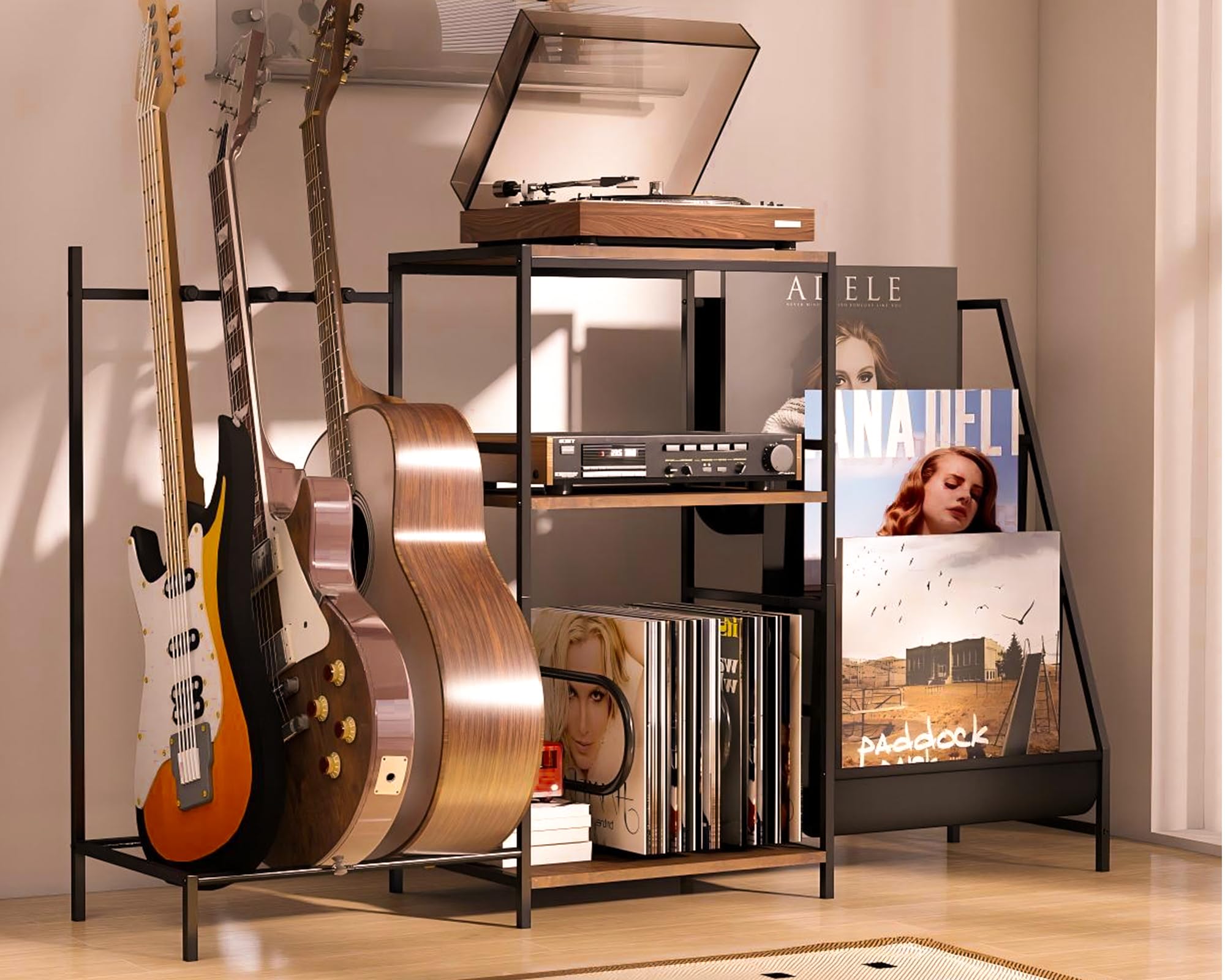 Photo 1 of Multi-Guitar Stand & Record Player Stand with Storage Shelf, 3-in-1 Adjustable Black Guitar Rack for Acoustic/Electric Guitars & Bass, Vinyl Record Storage with Display Shelf, for Home Music Studio