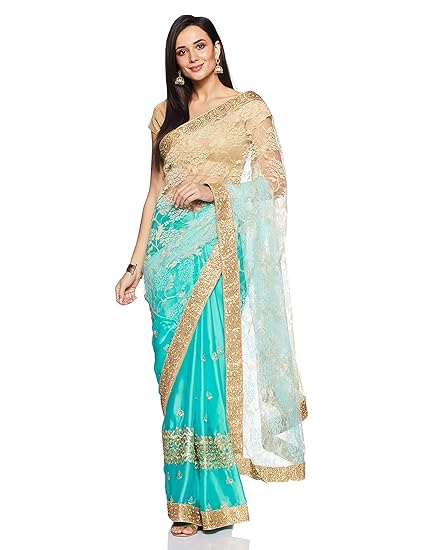 Womanista satin with Blouse Piece Saree (FS09046A_ Turquoise Blue_ Onesize)