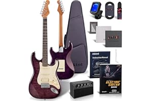 AKLOT Stryde Electric Guitar with Coil-Split: Roasted Maple Neck, Flame Maple Top, HSS Ceramic Pickups, Beginner Guitar Kit with 10W Amp, Gig Bag, Strap, Picks, Lesson Book, Violet Venom