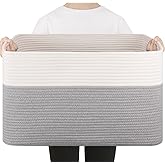 SIXDOVE 75L Large Blanket Basket, Toy Basket Bin for Kids, Cotton Rope Woven Storage Baskets for Living Room, Bedroom, Nursery, Baby Room Decorative Organizer, 22''×17''×12'', Grey and White