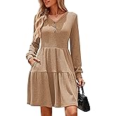 Kate Kasin Women's Long Sleeve Sweater Dresses 2025, Button V Neck Knit Dress, Fall Swing A Line Babydoll Dress with Pockets