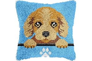 VEIROUSA Golden Retriever Puppy Latch Hook Kits for Adults Kids, Beginners DIY Throw Pillow Kit Pre-Printed Pillowcase Hook and Latch Rug Kits Cross-stitch Cushion Cover for Home Sofa Decoration 17x17 in.
