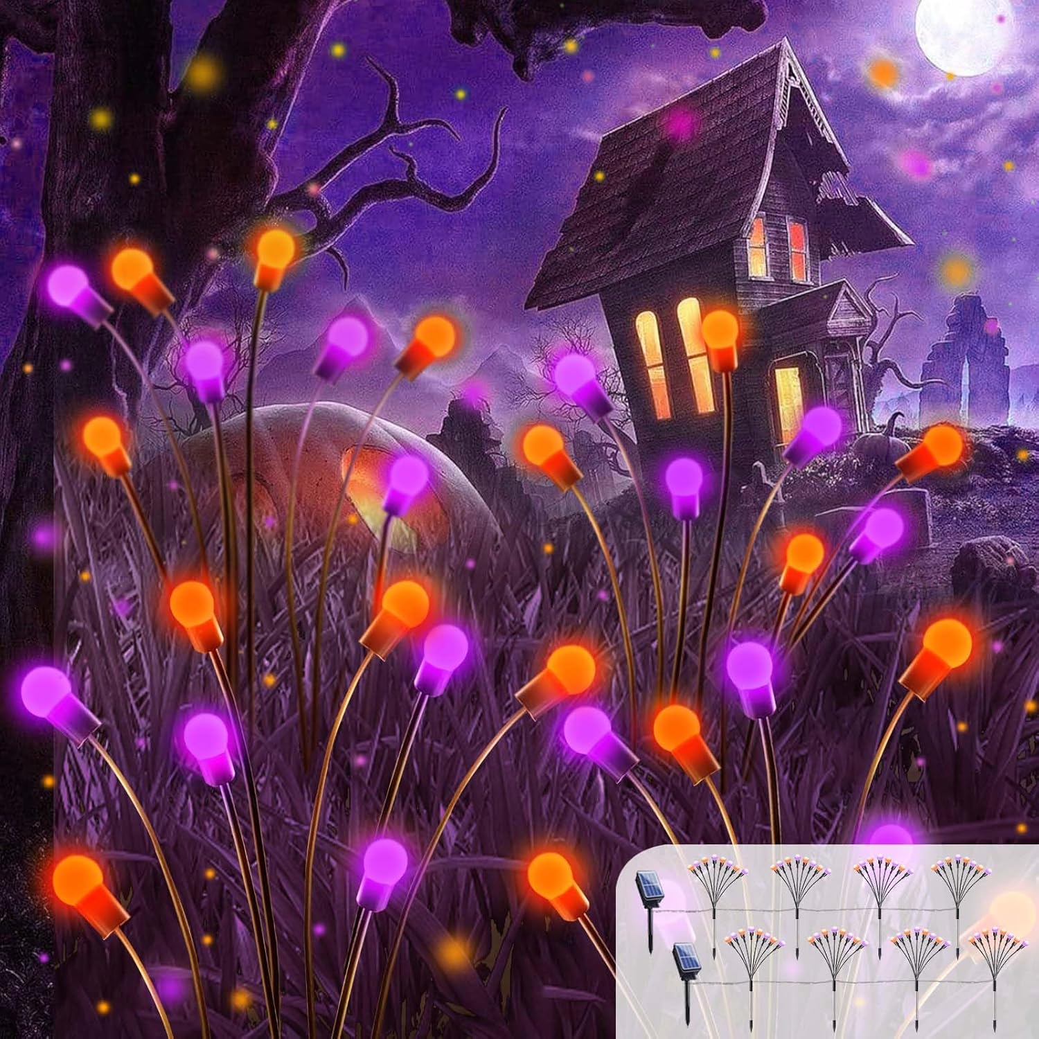 Lighting - 𝟖𝐏𝐚𝐜𝐤 𝐓𝐨𝐭𝐚𝐥 𝟔𝟒𝐋𝐄𝐃 Purple and Orange Solar Halloween Lights - Solar Firefly Lights Outdoor, Solar Gardeen Light, Solar Lights Waterproof for Garden Halloween Decoration (Orange&Purple)