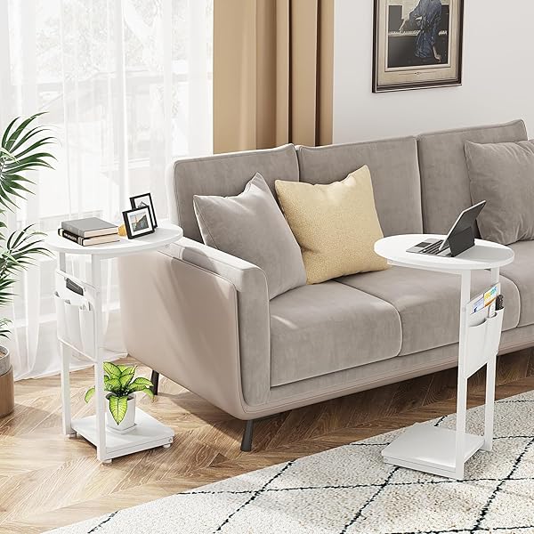 VAGUSICC C SHAPED END TABLE, SIDE TABLE FOR COUCH, SMALL COUCH SIDE TABLE FOR SMALL SPACES, SLIDE UNDER SOFA TRAY DESK WITH STORAGE BAG, ROUND SIDE TABLES FOR LIVING ROOM AND BEDROOM, WHITE
