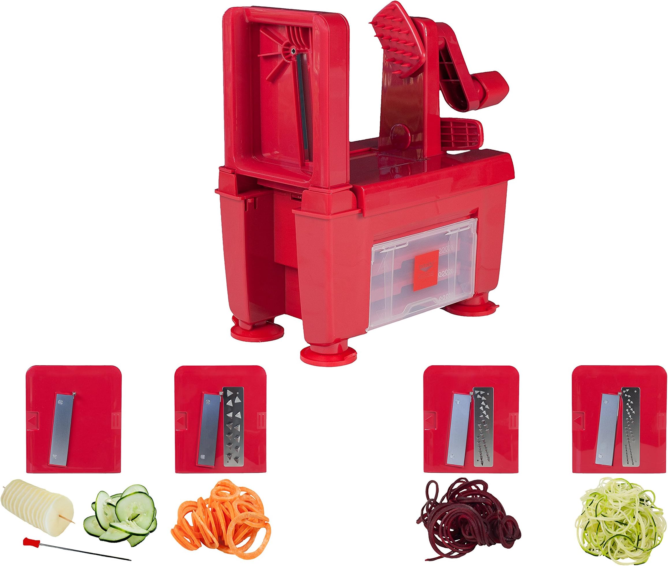 Paderno World Cuisine A498280R 4-Blade Spiralizer, Plastic, Red