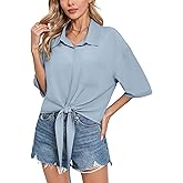 SUEANI Women’s Tie Front Button Down Shirt Casual 3/4 Sleeve Collared Work Blouse with Pocket
