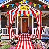 Fanfanwin 5 Pcs Carnival Entryway Party Decorations Set Circus Tent Decorations Red and White Striped Awning Hanging Banner Aisle Runners Red Blue Yellow Pennant Banner for Halloween Circus Birthday