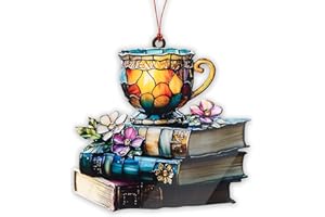 MAILAMCRAFT Book Ornament, Tea Books Floral Acrylic Suncatcher, Book Lover Gifts for Women, Christmas Ornaments for Tree, Gift for Readers Friends Coworker, Hanging Literary Decor, Holiday Ornaments