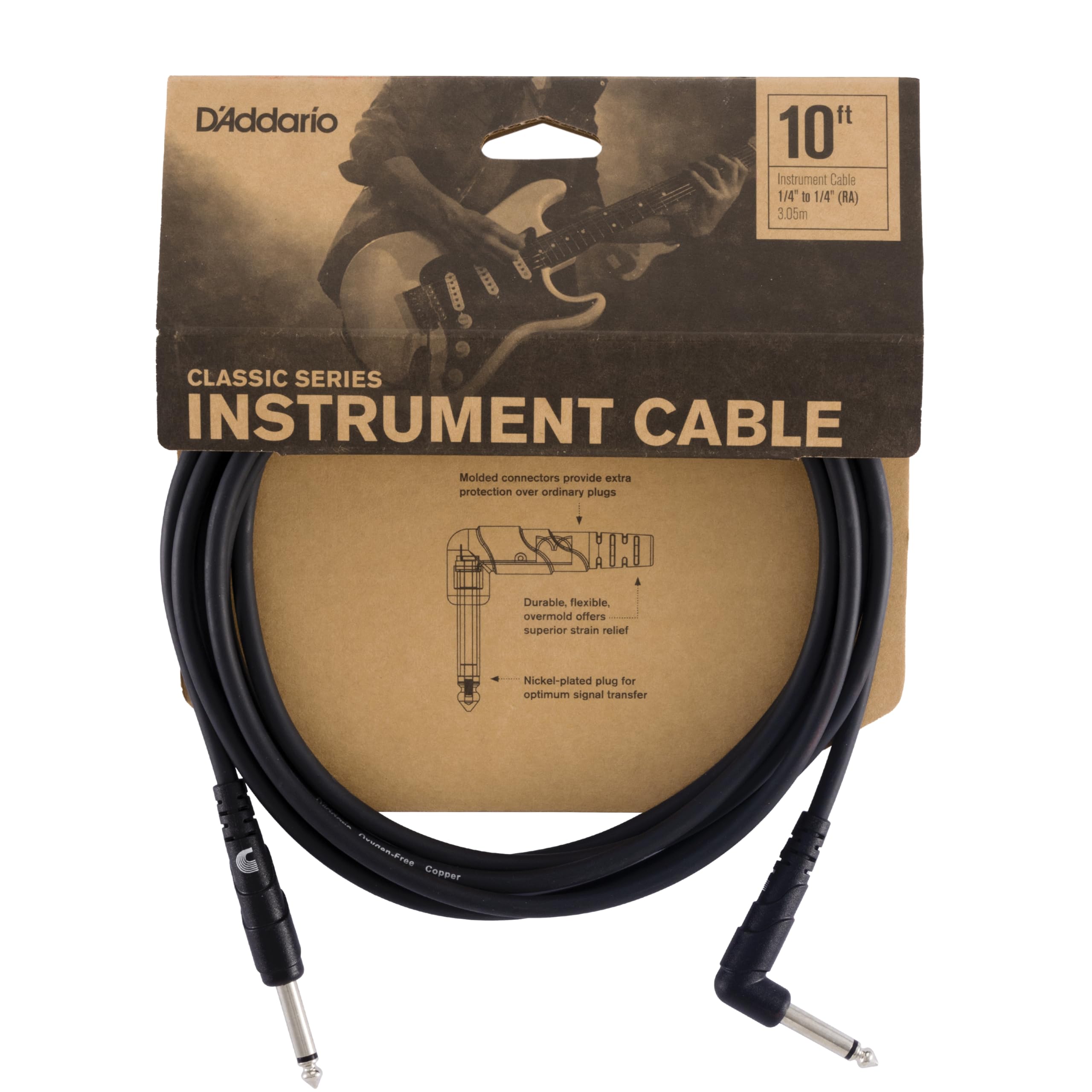 Planet Waves D'Addario Guitar Cable - Guitar Lead - 1/4 Inch Male to 1/4 Inch Male - Classic Series - 10 Feet/3.05 Meters - Straight End/Right Angle - 1 Pack