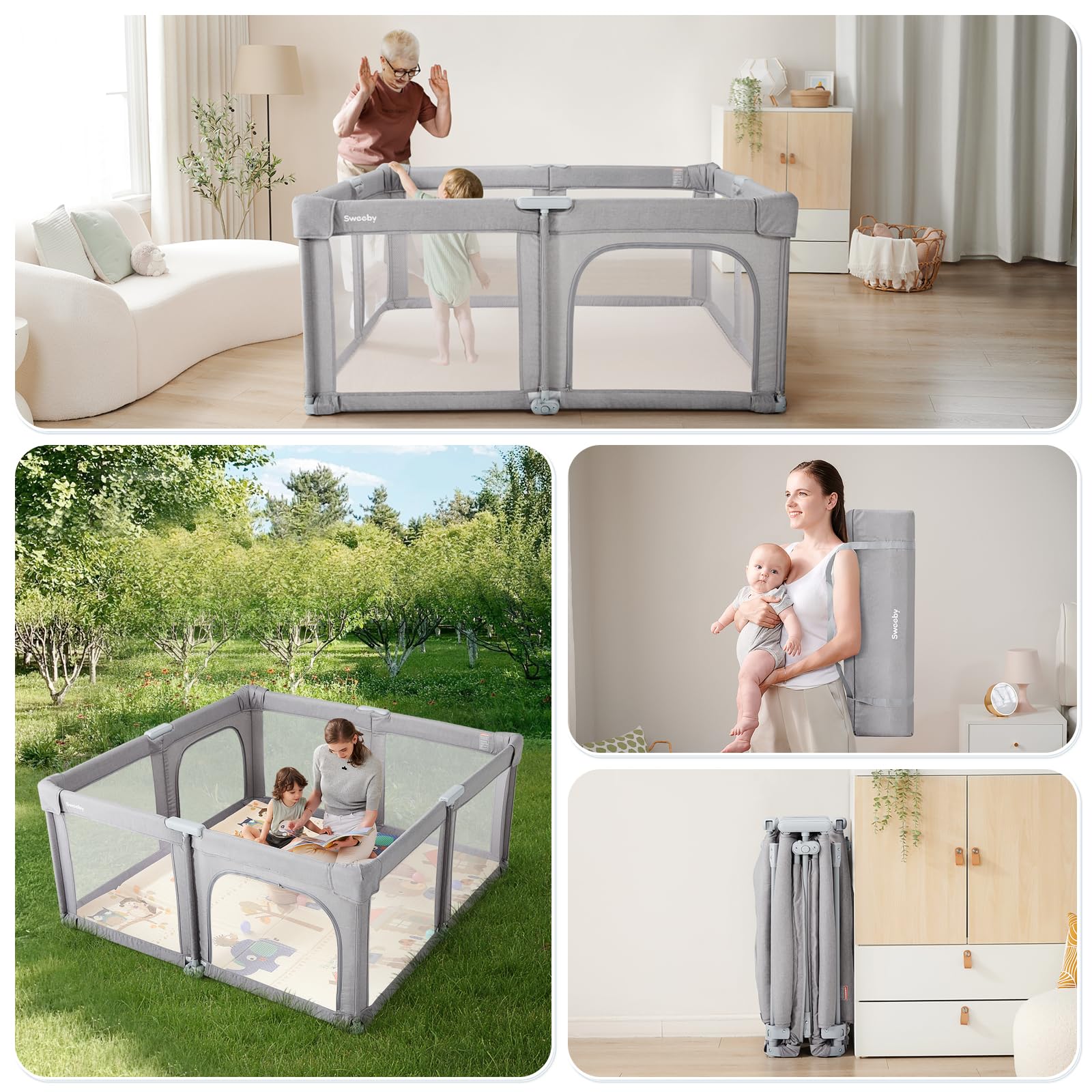 Sweeby Baby Playpen, 59x59 Inch Gate Foldable for Babies and Toddlers, Extra Large With Door Play Yard for Fence Indoor and Outdoor, Gray