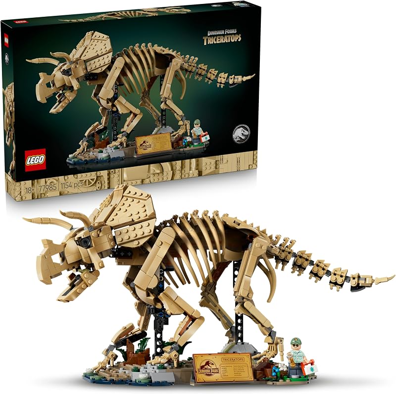 Jurassic World Dinosaurier-Fossilien: Triceratops - Modellbau für Erwachsene mit der Minifigur Dr. Gerry Harding - DIY Deko fürs Regal - Geschenkidee für Jurassic Park Fans - 77985