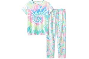 Topgal Little & Big Girls Long Sleeves & Pants Tie Dye Tropical Flowers Leaves Pajamas Kids PJ Set Sleepwear Size 6-18