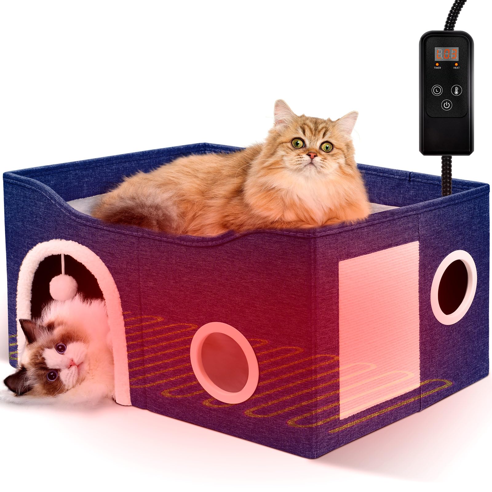 Indoor Heated Cat House, Adjustable Temperature Cat Heating Bed with Timer and Chew Resistant Cord, Large Cat House with Heating Pad for Small Medium and Large Cats Image
