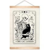 HEYJEEPER Gothic Skeleton Cat Tarot Card Wall Art, 14x18inch Spiritual Witchy Home Decor,Canvas Print Hanging Poster with Wood Frame for Cat Lovers,or Pet Shop(Cat01)