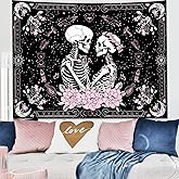 KJHL Black and Pink Gothic Witchy Skull Tapestry 44ʺ x 60ʺ Floral Constellation Skeleton Aesthetic Tapestries Wall Hanging for Bedroom Dorm