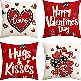 AVOIN colorlife Happy Valentine's Day Red and Black Heart Throw Pillow Covers, 18 x 18 Inch Hugs Kisses Love Anniversary Wedding Cushion Case Decoration for Sofa Couch Set of 4