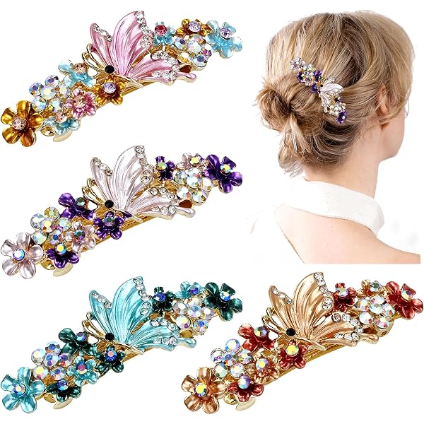 InSowni 4er Set Glitzer Haarspangen – Französische Alligator-Clips Mit Strass & Schmetterling, Ca. 7 Cm | Für Frauen & Mädchen, Ideal Für Hochzeit & Partys