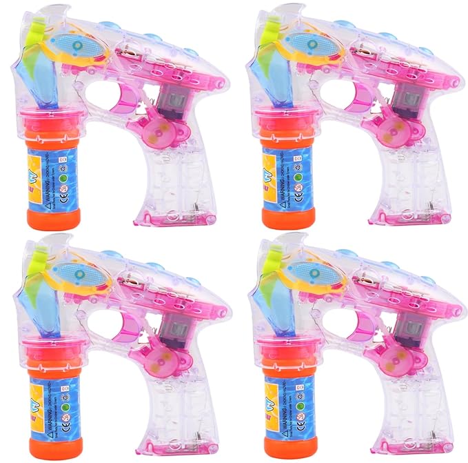 4 Seifenblasenpistole mit Flüssigkeit | Nachfüllbar | LED und Sound | Bubble Gun - Seifen Pistolen Set