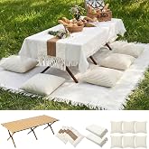 Novabright 10 Pcs Boho Picnic Set with Table Blanket Runner,Pillow Covers | Folding Wood Table, Oversized Fringed Blanket, Woven Runner, Ribbed Covers, Washable Cotton for Camping Wedding Outdoor