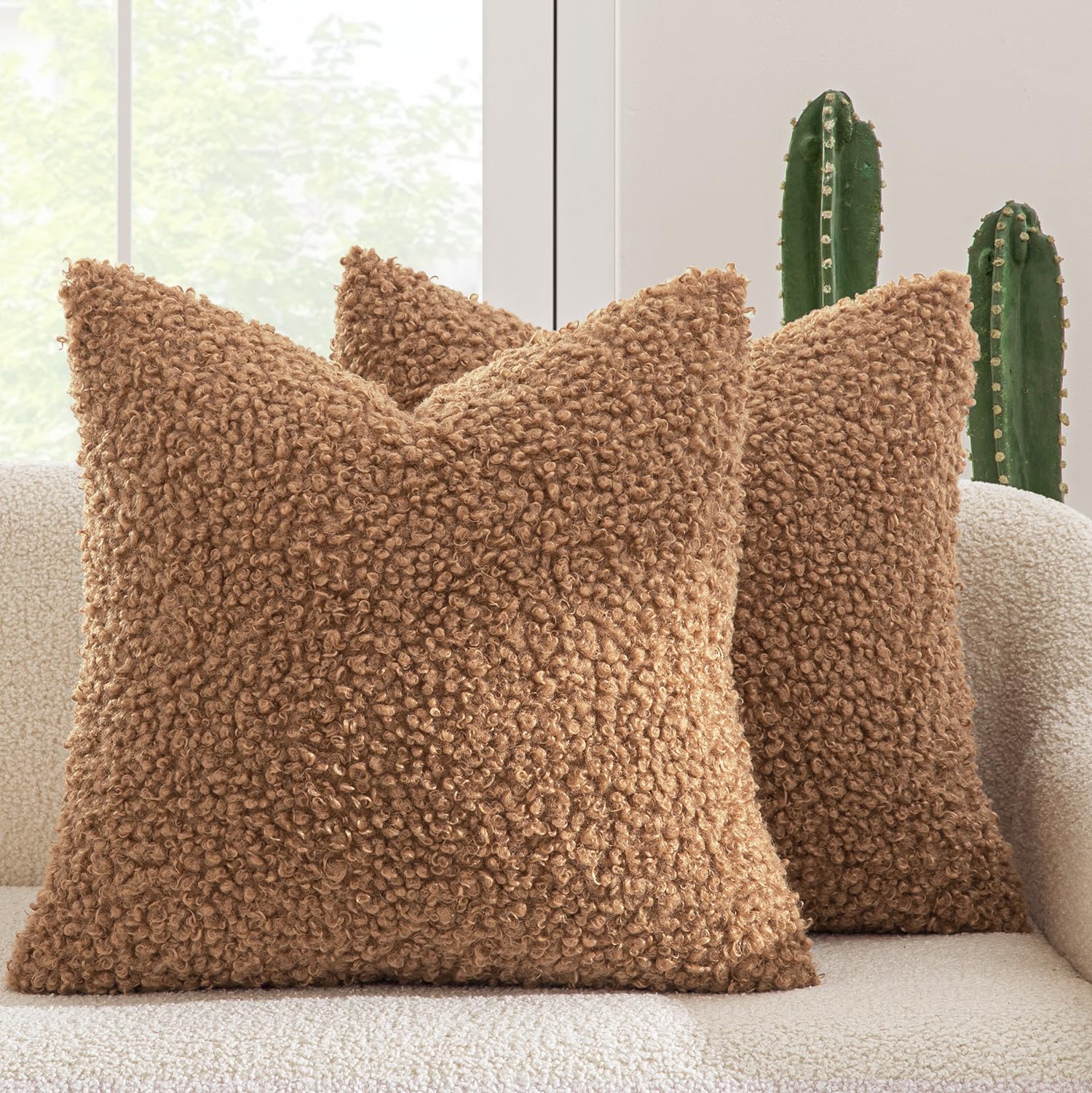 Photo 1 of MIULEE Pack of 2 Throw Pillow Covers 20x20 Inch Brown Faux Fur Decorative Sherpa Pillow Covers Fuzzy Accent Soft Sheepskin Fleece Cushion Cases for Boho Home Decor Couch Living Room Bed