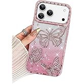 BITOBE Designed for iPhone 17 Pro Max Case 2025, Cute 3D Butterfly Slim Plating Glitter Bling Luxury Cover for Women Girls Protective Camera Protection Bumper 6.9" Pink