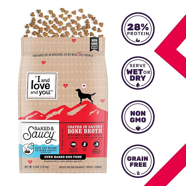 I AND LOVE AND YOU BAKED AND SAUCY DRY DOG FOOD – BEEF + SWEET POTATO – PREBIOTIC + PROBIOTIC, REAL MEAT, GRAIN FREE, NO FILLERS, 10.25LB BAG