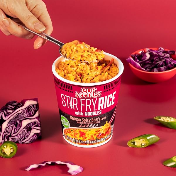 NISSIN CUP NOODLES STIR FRY RICE WITH NOODLES, SPICY BEEF FLAVOR, 2.68 OUNCE (PACK OF 6)