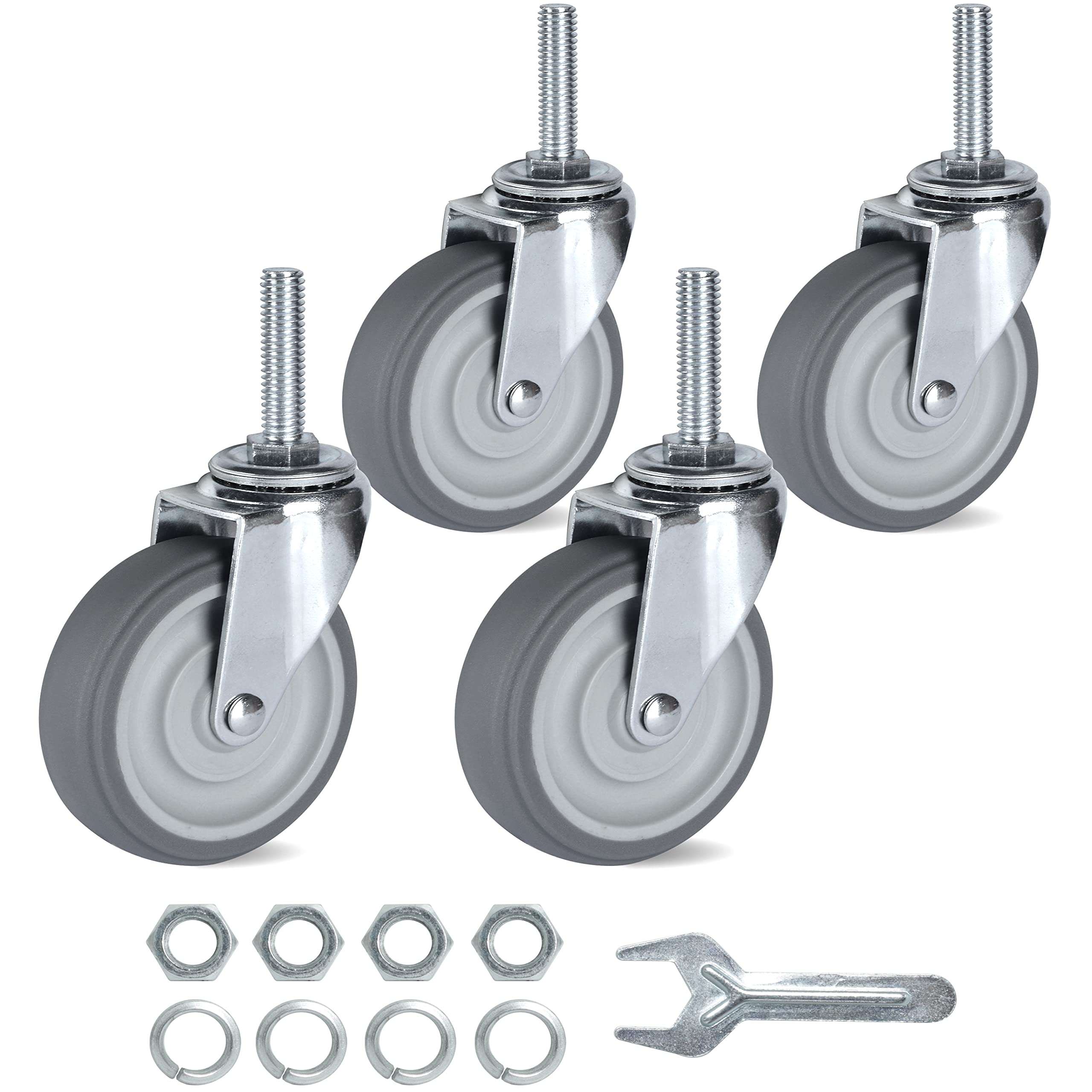 Photo 1 of Finnhomy Caster Wheels 3 Inch Set of 4 Heavy Duty Threaded Stem Casters 3/8"-16 x 1-1/2" Swivel Rubber Industrial Castors Premium Wheels for Wire Shelving/Furniture/Carts Load Bearing 720 Lbs Gray
