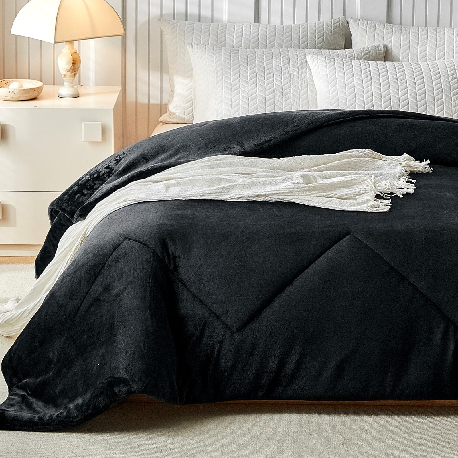 Photo 1 of WARMDERN Queen Size Velvet Comforter Duvet Insert - 100% Milk Velvet Bedding Comforters with Wave Textured Pattern, Ultra Soft Lightweight Warm Bedding Comforter, Black, 90x90