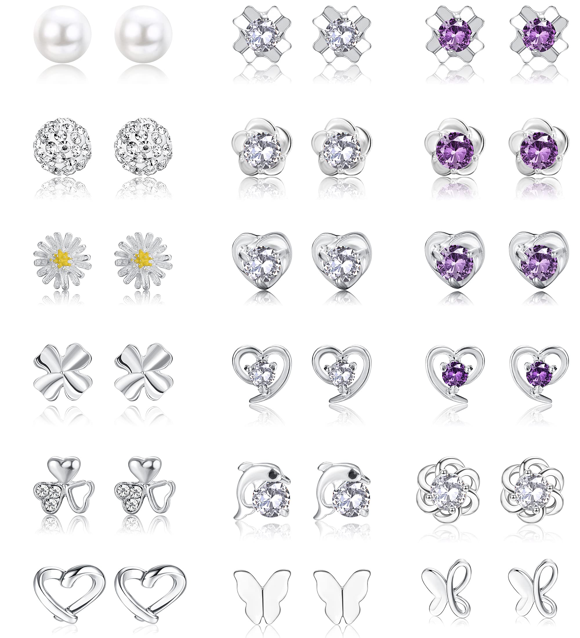 YADOCA 18 Pairs 925 Sterling Silver Stud Earrings Set for Women Girls Cubic Zirconia Studs Pearl Crystal Round Heart Shape Flower Butterfly Small Cartilage Stud Earrings Jewelry
