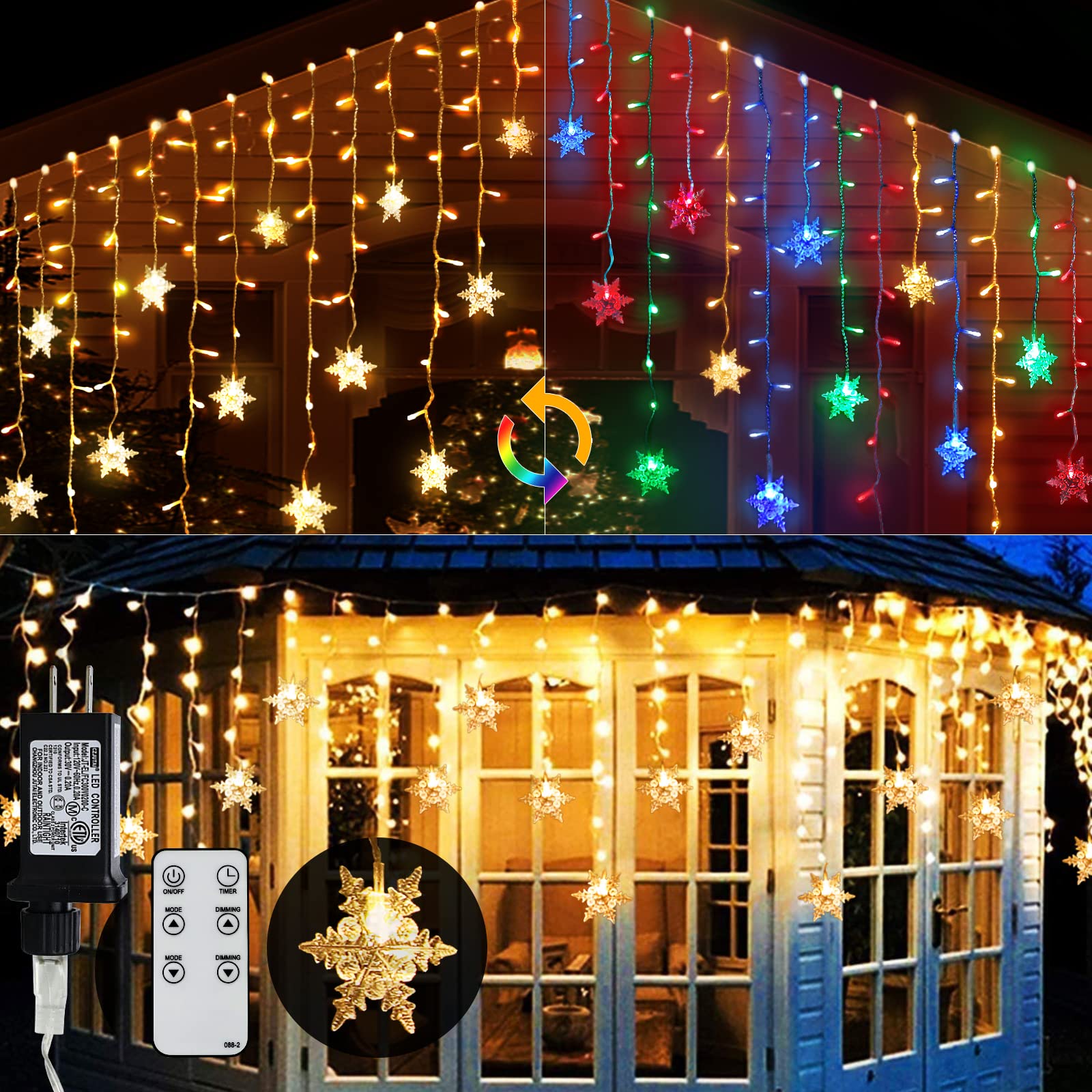 Photo 1 of ***FACTORY SEALED****Christmas Snowflake Icicle Lights - Connectable 40ft 360 LEDs Multicolor/Warm White 20 Color Changing Waterproof Outdoor LED Christmas Lights With RF Control for House Curtain, Eaves, Xmas Decorations