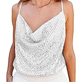 Ypser Women Sequin Sparkle Sleeveless Top Spaghetti Strap Cowl Neck Glitter Tank Top