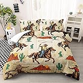 AILONEN Western Cowboy Comforter Set Twin Size, Rodeo Cowboy Riding Bull with Cacti Western Style Bedding Set for Girls Boys Girls,Ranch Jomon Bed in a Bag Duvet Set,1 Quilt and 2 Pillowcases,3PCS