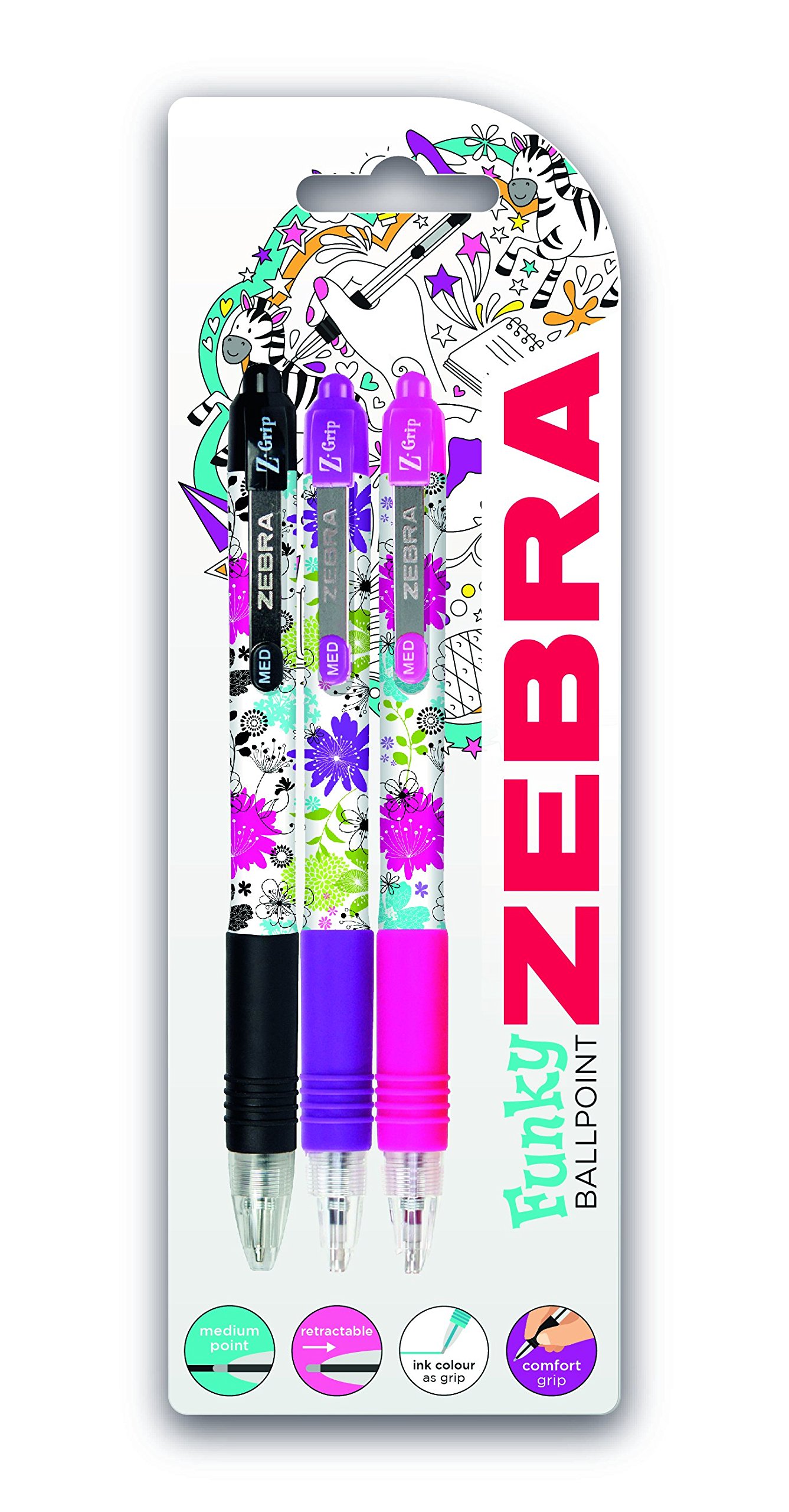 Zebra Z-Grip Floral Ballpoint Pen - Assorted Colours (Pack of 3)