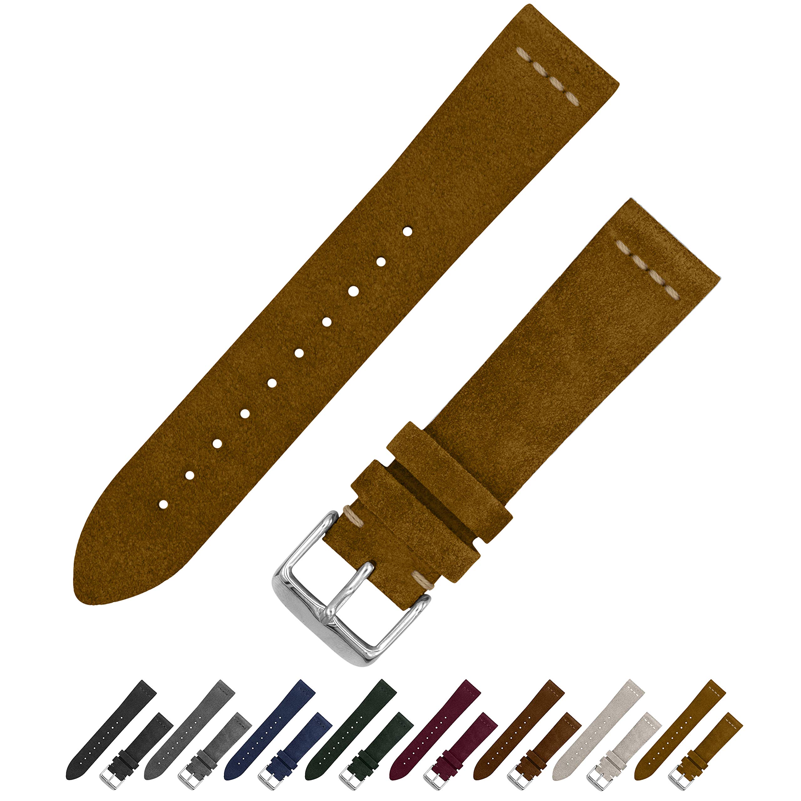 Benchmark Straps Suede Watch Band - Vintage Leather Strap - 18mm, 20mm & 22mm - 7 Colors - Brown - 20mm