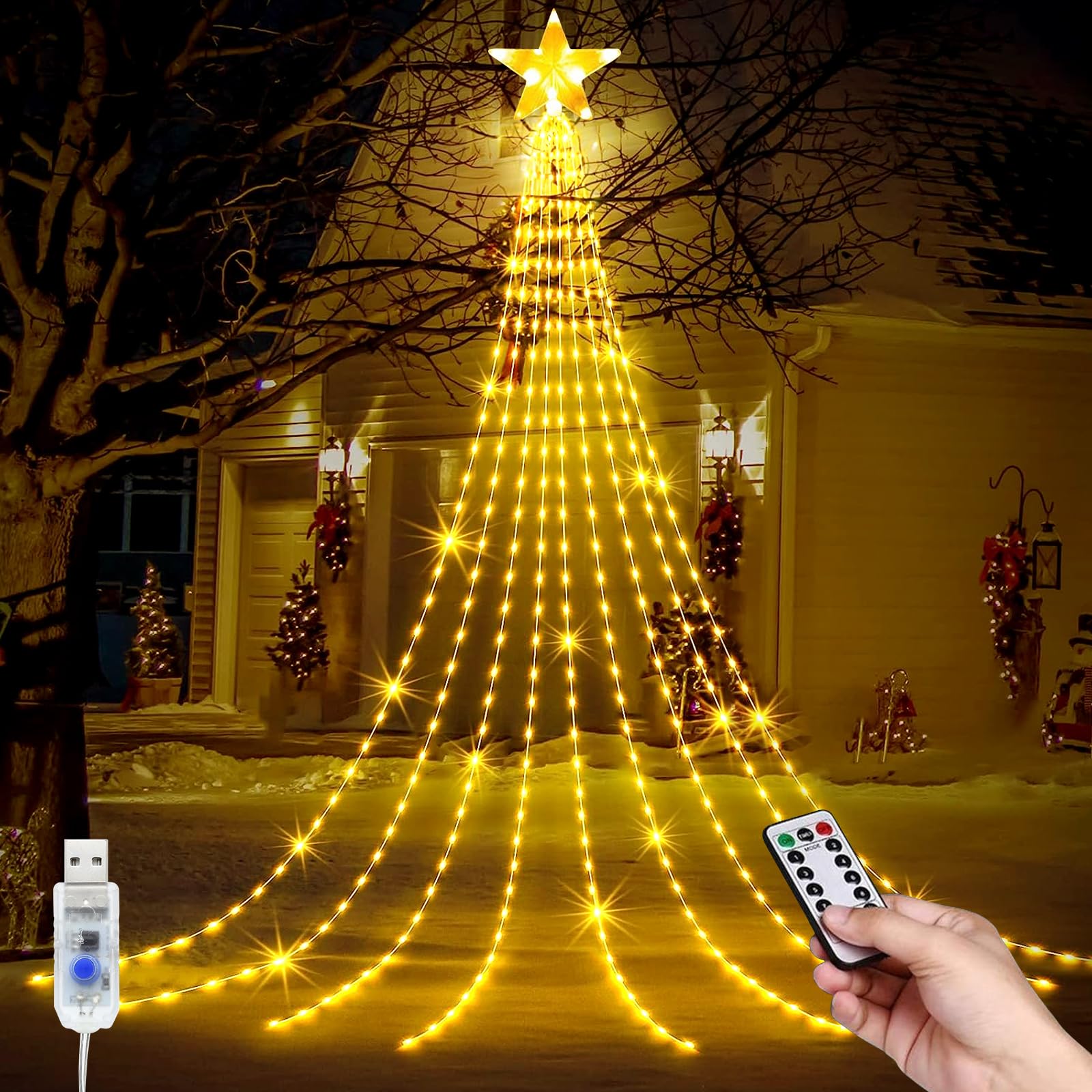 Christmas Decoration Star Lights, USB Christmas Tree Lights with Star Topper, 9*6.56ft Waterproof 8 Modes LED Outdoor Christmas Tree Fairy Lights with Remote for XmasTree, Home, Party Decorations