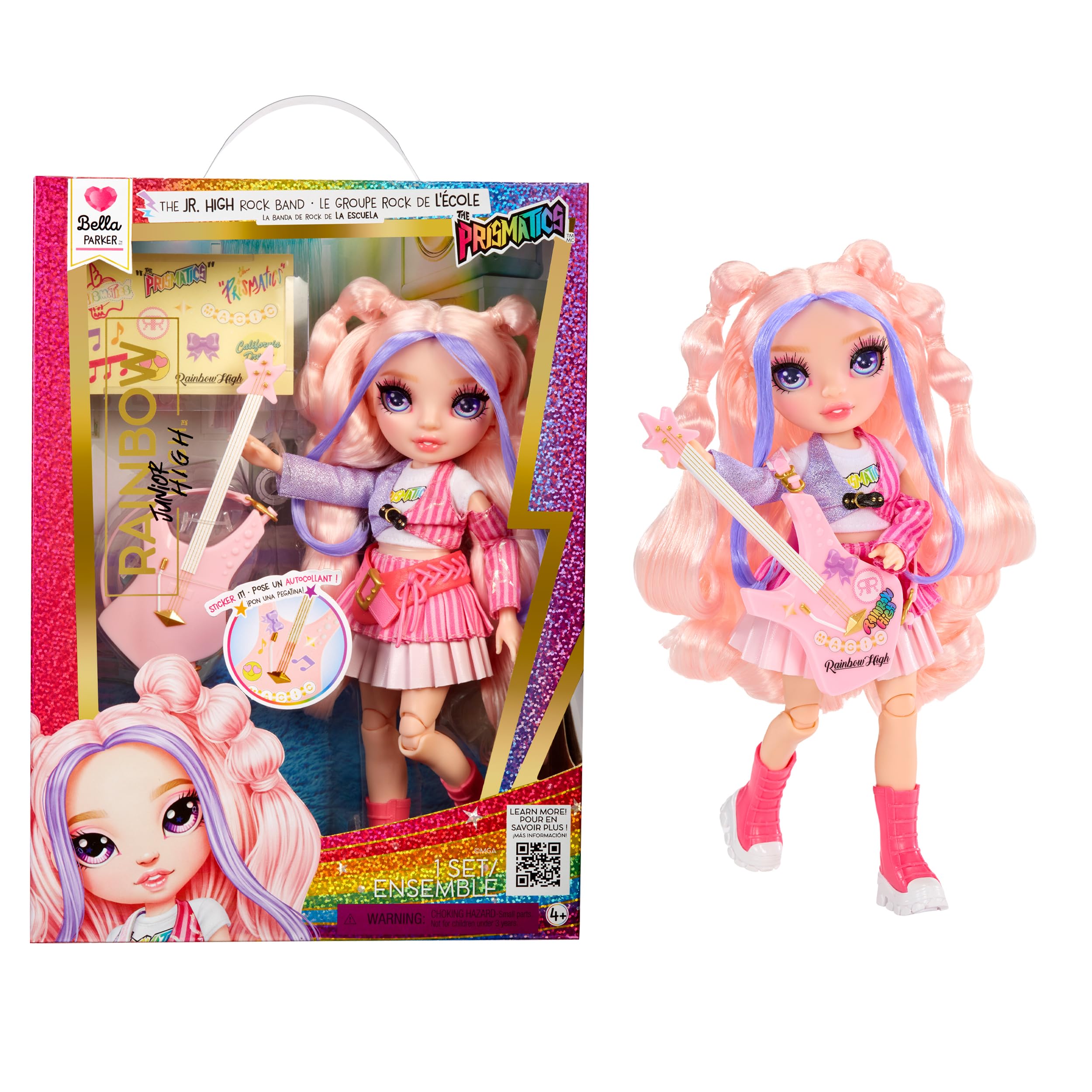 Rainbow High Junior High Rock Band - Bella, Pink - 23cm Fashion Doll with a Bass Guitar, Customise with Stickers, Posable, Cute Toys for Children Ages 4+