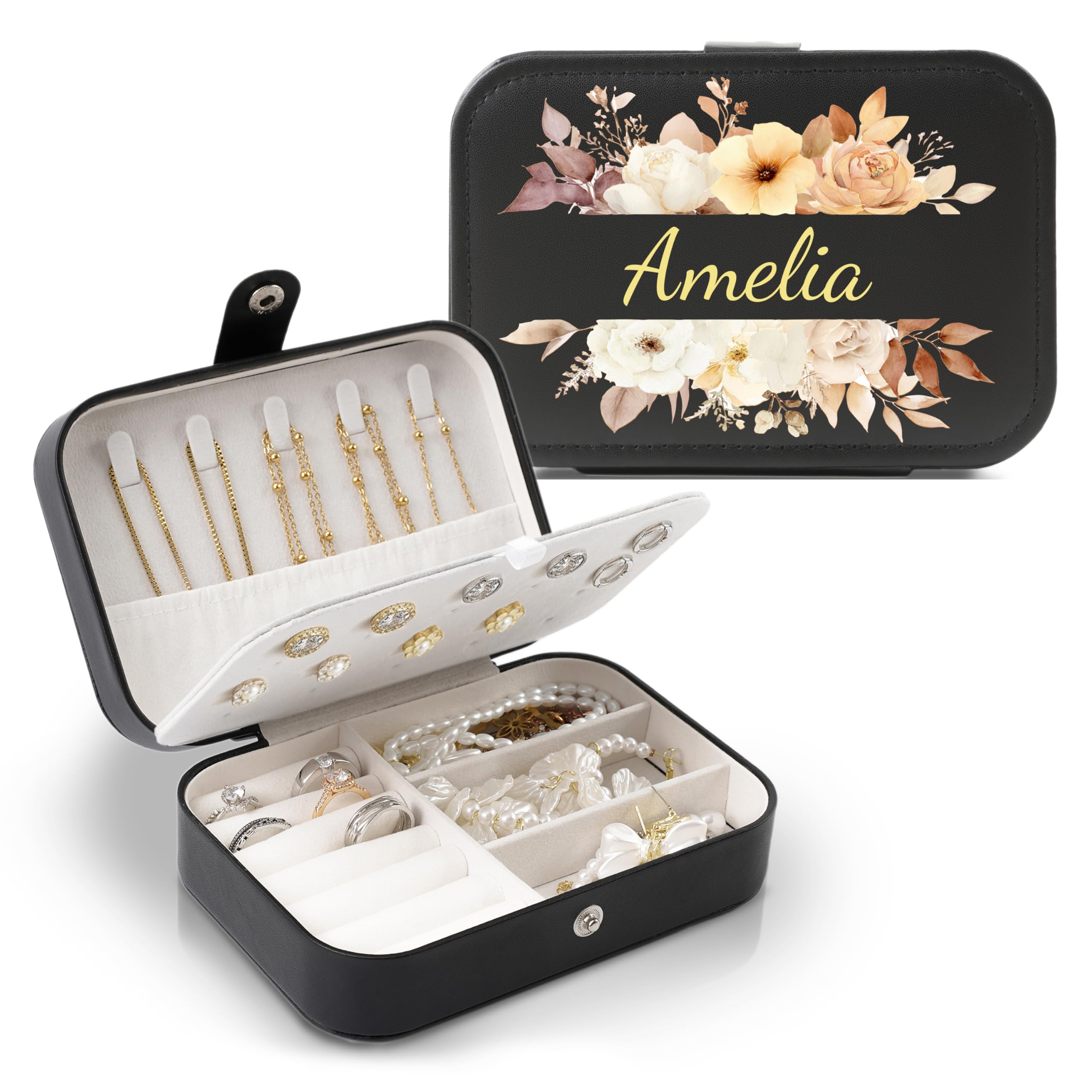 Personalized Jewelry Travel Case - Custom Name & 12 Unique Floral Designs Jewelry Organizer for Women, Ideal Personalized Gifts for Festivals, Bridesmaids, Girls - Compact Travel Jewelry Box. (black)
