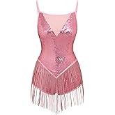 IBAKOM Women Fringe Sequins Bodysuit Latin Jazz Dance Dress Sparkly Tassel Rave Outfits Acrobat Circus Hip Hop Dance Costume