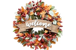 EGOLOT 22 Inch Fall Berries Wreath for Front Door, Autumn Leaves Wreath for Indoor Outdoor, Welcome Wood Sign Fall Festival Wreath for Home Decor