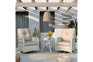 Muphyers Patio Rocking Swivel Chair Outdoor Wicker Rattan Bistro Set with Tempered Glass Side Table, Outdoor Patio Furniture Set for Garden, Deck, and Balcony, Beige