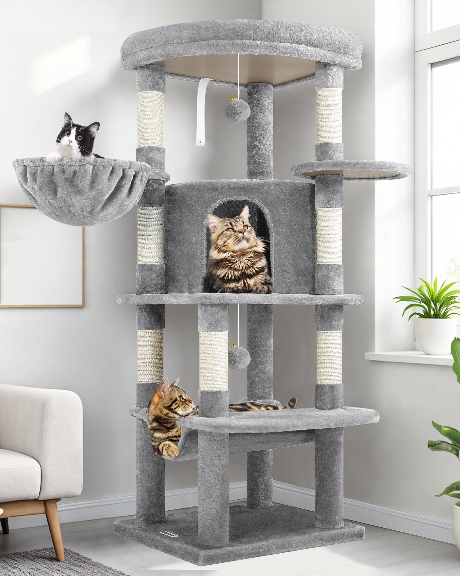 Globlazer Corner Cat Tree Tower for Indoor Cats, 51in Multi-Level Cat Condo Tower with Large Hammock, 7 Sisal Scratching Posts, Oversized Top Perch, Spacious Cat Cave, Hanging Basket, C51, Light Gray Image