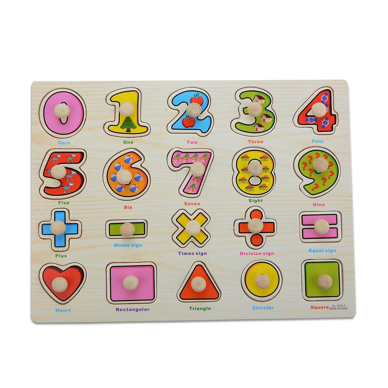 Wooden Jigsaw Peg Puzzle Board Toy, Moonvvin Number Educational Puzzles for Toddlers Learning Math Shapes & Color Recognition Toy